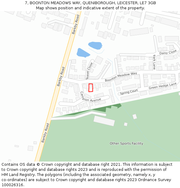 7, BOONTON MEADOWS WAY, QUENIBOROUGH, LEICESTER, LE7 3GB: Location map and indicative extent of plot