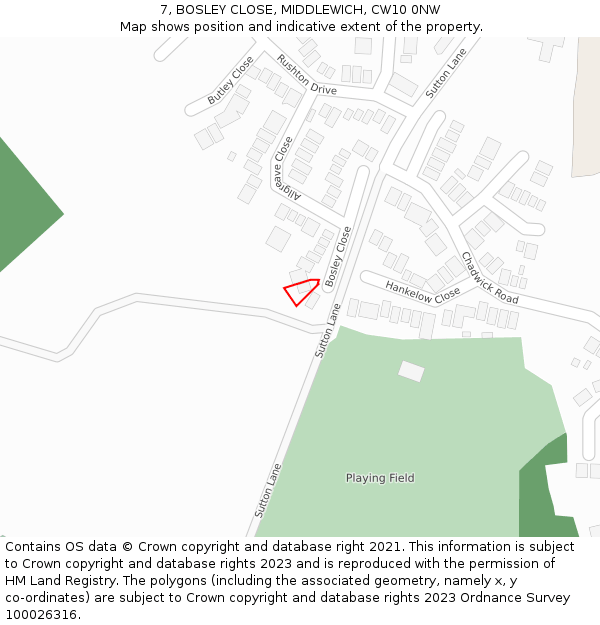 7, BOSLEY CLOSE, MIDDLEWICH, CW10 0NW: Location map and indicative extent of plot