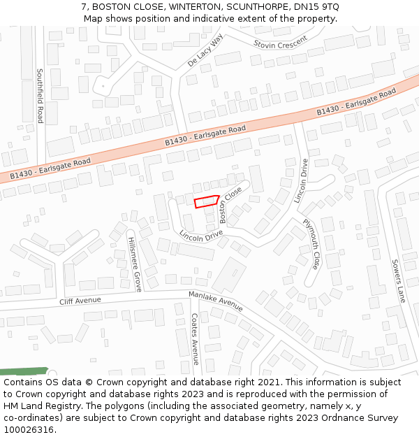 7, BOSTON CLOSE, WINTERTON, SCUNTHORPE, DN15 9TQ: Location map and indicative extent of plot