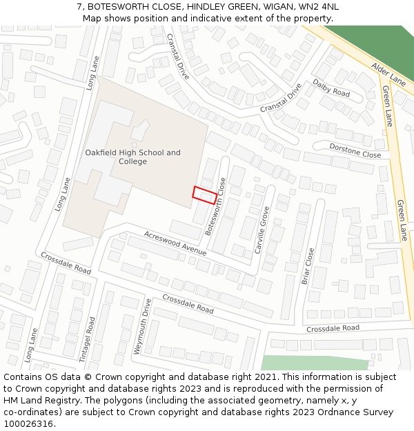 7, BOTESWORTH CLOSE, HINDLEY GREEN, WIGAN, WN2 4NL: Location map and indicative extent of plot