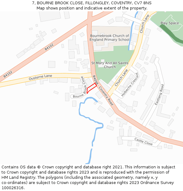 7, BOURNE BROOK CLOSE, FILLONGLEY, COVENTRY, CV7 8NS: Location map and indicative extent of plot