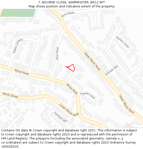 7, BOURNE CLOSE, WARMINSTER, BA12 9PT: Location map and indicative extent of plot