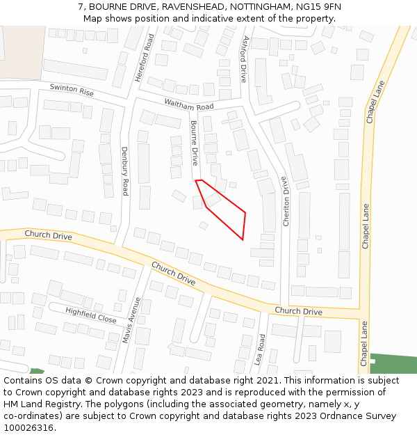 7, BOURNE DRIVE, RAVENSHEAD, NOTTINGHAM, NG15 9FN: Location map and indicative extent of plot