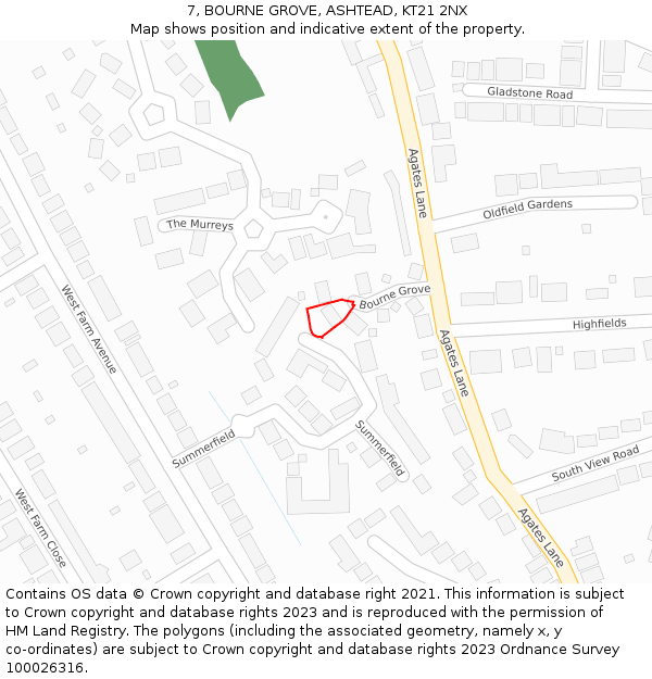 7, BOURNE GROVE, ASHTEAD, KT21 2NX: Location map and indicative extent of plot