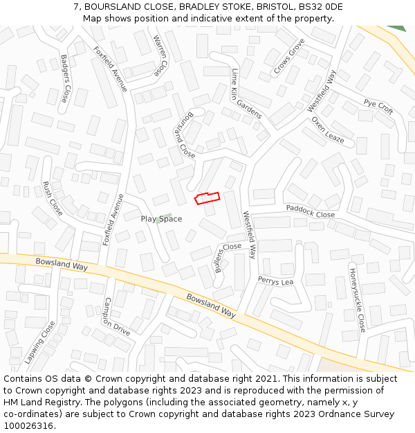 7, BOURSLAND CLOSE, BRADLEY STOKE, BRISTOL, BS32 0DE: Location map and indicative extent of plot