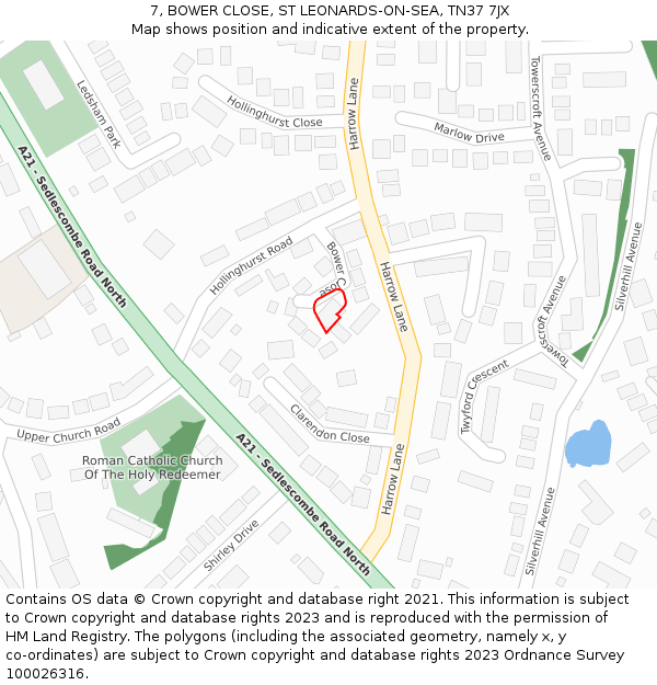 7, BOWER CLOSE, ST LEONARDS-ON-SEA, TN37 7JX: Location map and indicative extent of plot