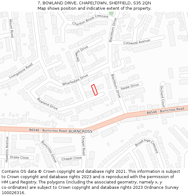 7, BOWLAND DRIVE, CHAPELTOWN, SHEFFIELD, S35 2QN: Location map and indicative extent of plot