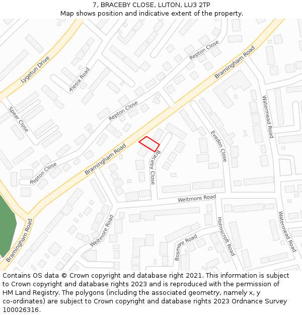 7, BRACEBY CLOSE, LUTON, LU3 2TP: Location map and indicative extent of plot