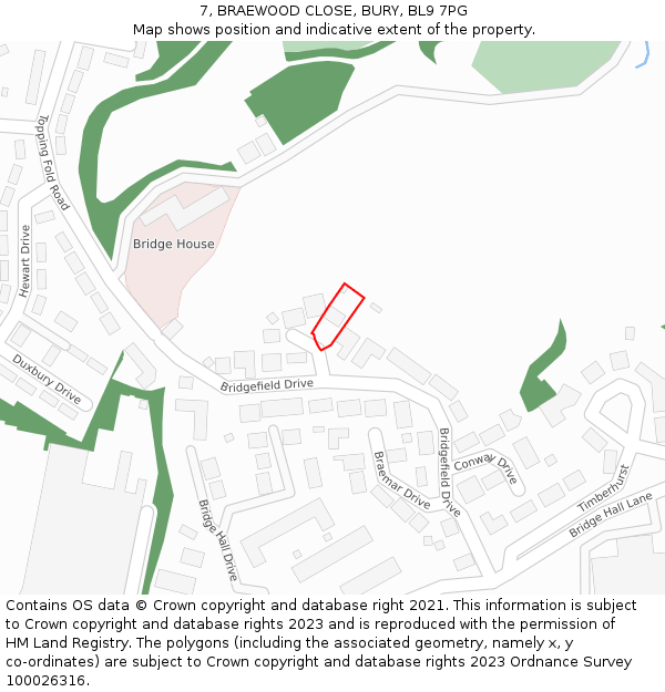 7, BRAEWOOD CLOSE, BURY, BL9 7PG: Location map and indicative extent of plot