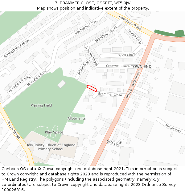 7, BRAMMER CLOSE, OSSETT, WF5 9JW: Location map and indicative extent of plot