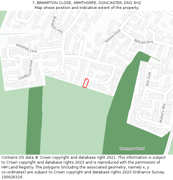 7, BRAMPTON CLOSE, ARMTHORPE, DONCASTER, DN3 3HZ: Location map and indicative extent of plot