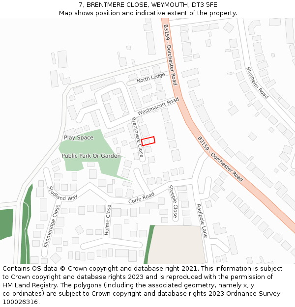 7, BRENTMERE CLOSE, WEYMOUTH, DT3 5FE: Location map and indicative extent of plot