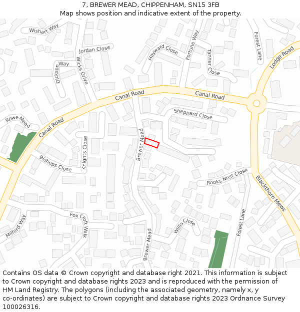 7, BREWER MEAD, CHIPPENHAM, SN15 3FB: Location map and indicative extent of plot