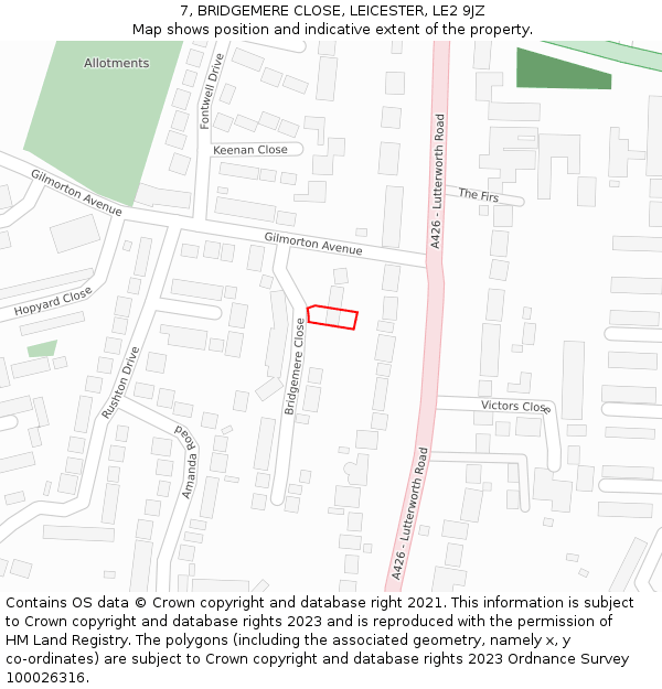 7, BRIDGEMERE CLOSE, LEICESTER, LE2 9JZ: Location map and indicative extent of plot