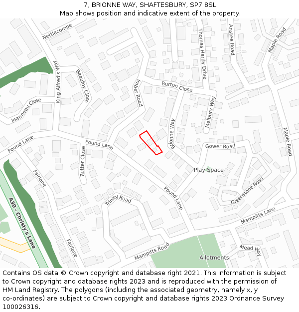 7, BRIONNE WAY, SHAFTESBURY, SP7 8SL: Location map and indicative extent of plot