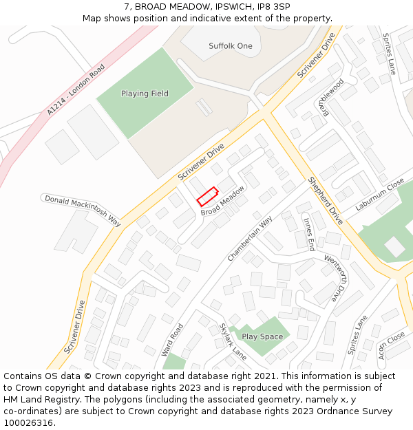 7, BROAD MEADOW, IPSWICH, IP8 3SP: Location map and indicative extent of plot