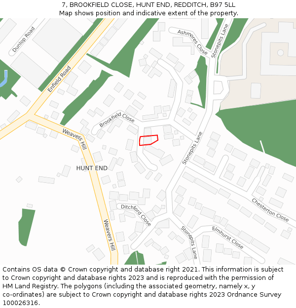7, BROOKFIELD CLOSE, HUNT END, REDDITCH, B97 5LL: Location map and indicative extent of plot