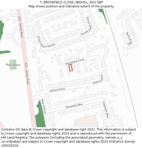 7, BROOKFIELD CLOSE, REDHILL, RH1 5BP: Location map and indicative extent of plot