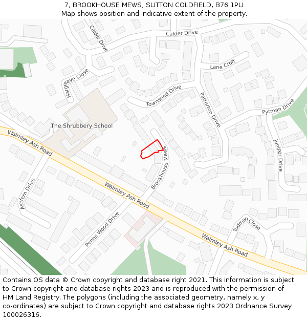 7, BROOKHOUSE MEWS, SUTTON COLDFIELD, B76 1PU: Location map and indicative extent of plot