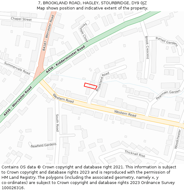7, BROOKLAND ROAD, HAGLEY, STOURBRIDGE, DY9 0JZ: Location map and indicative extent of plot