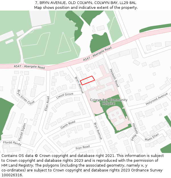 7, BRYN AVENUE, OLD COLWYN, COLWYN BAY, LL29 8AL: Location map and indicative extent of plot