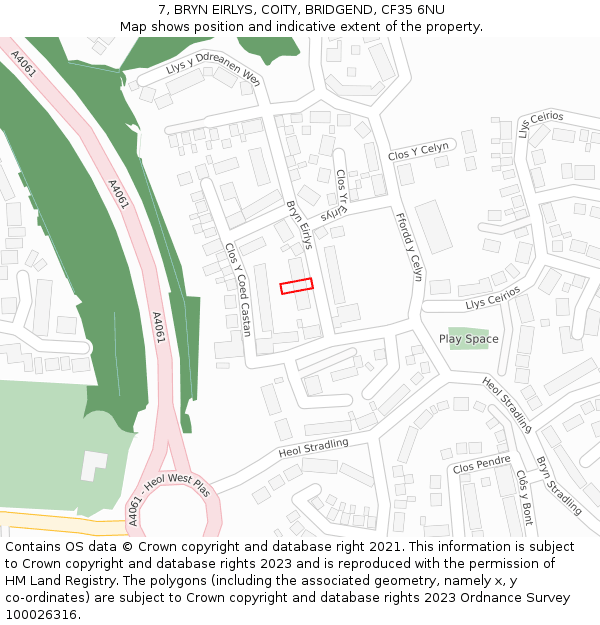 7, BRYN EIRLYS, COITY, BRIDGEND, CF35 6NU: Location map and indicative extent of plot