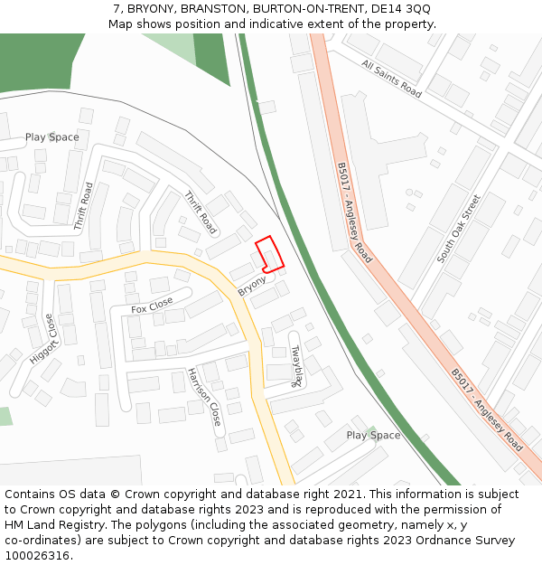 7, BRYONY, BRANSTON, BURTON-ON-TRENT, DE14 3QQ: Location map and indicative extent of plot