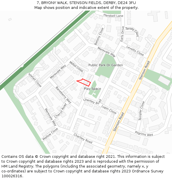 7, BRYONY WALK, STENSON FIELDS, DERBY, DE24 3FU: Location map and indicative extent of plot