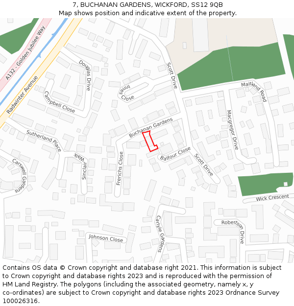 7, BUCHANAN GARDENS, WICKFORD, SS12 9QB: Location map and indicative extent of plot