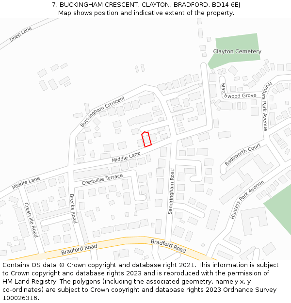 7, BUCKINGHAM CRESCENT, CLAYTON, BRADFORD, BD14 6EJ: Location map and indicative extent of plot
