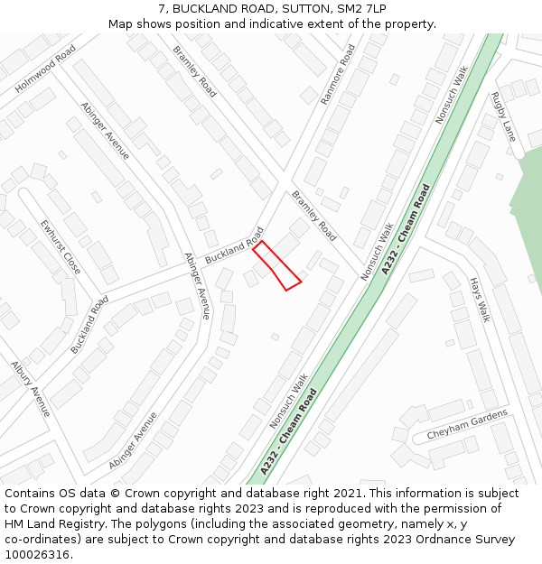 7, BUCKLAND ROAD, SUTTON, SM2 7LP: Location map and indicative extent of plot