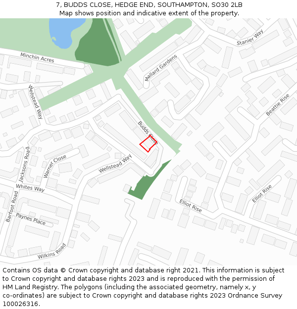 7, BUDDS CLOSE, HEDGE END, SOUTHAMPTON, SO30 2LB: Location map and indicative extent of plot