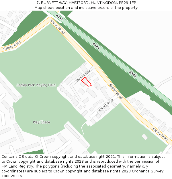 7, BURNETT WAY, HARTFORD, HUNTINGDON, PE29 1EP: Location map and indicative extent of plot