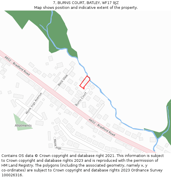 7, BURNS COURT, BATLEY, WF17 9JZ: Location map and indicative extent of plot