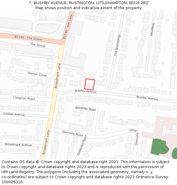 7, BUSHBY AVENUE, RUSTINGTON, LITTLEHAMPTON, BN16 2BZ: Location map and indicative extent of plot