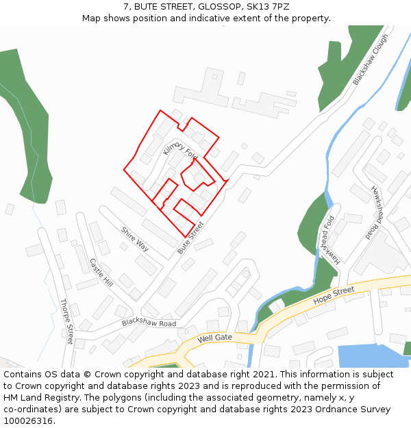 7, BUTE STREET, GLOSSOP, SK13 7PZ: Location map and indicative extent of plot