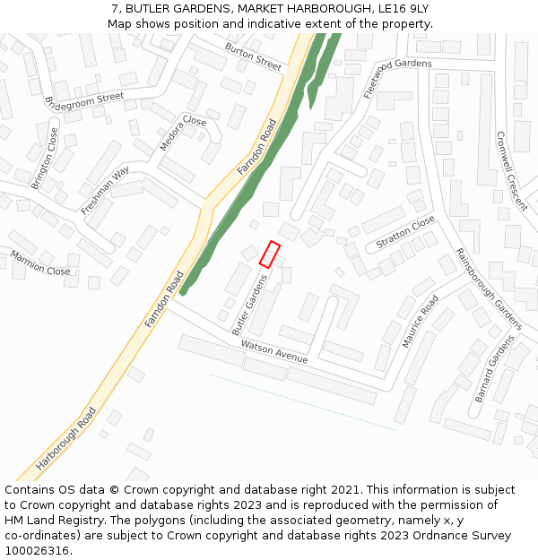 7, BUTLER GARDENS, MARKET HARBOROUGH, LE16 9LY: Location map and indicative extent of plot