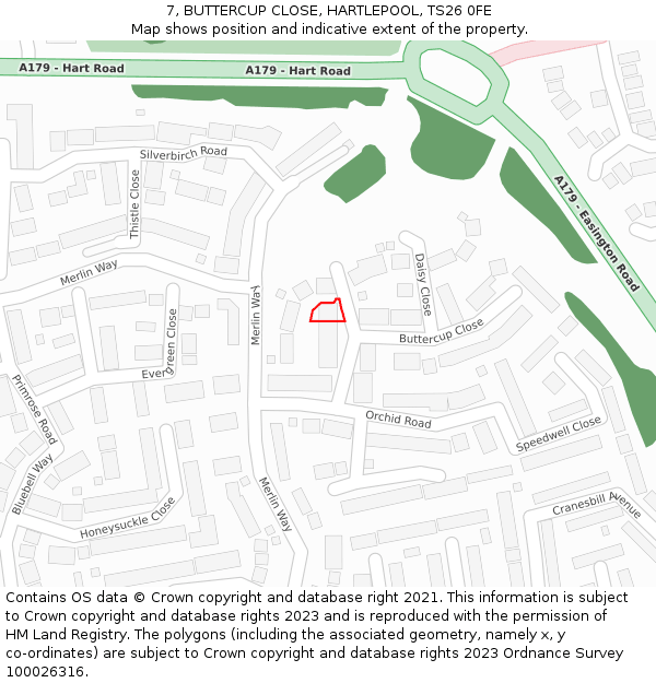 7, BUTTERCUP CLOSE, HARTLEPOOL, TS26 0FE: Location map and indicative extent of plot