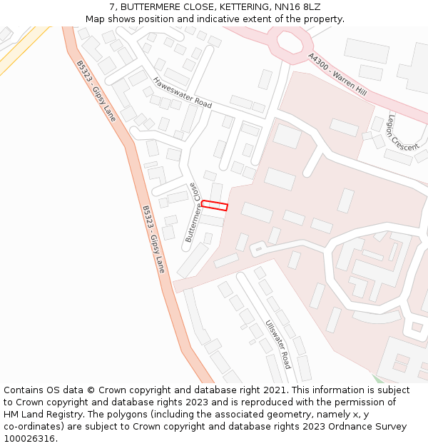 7, BUTTERMERE CLOSE, KETTERING, NN16 8LZ: Location map and indicative extent of plot
