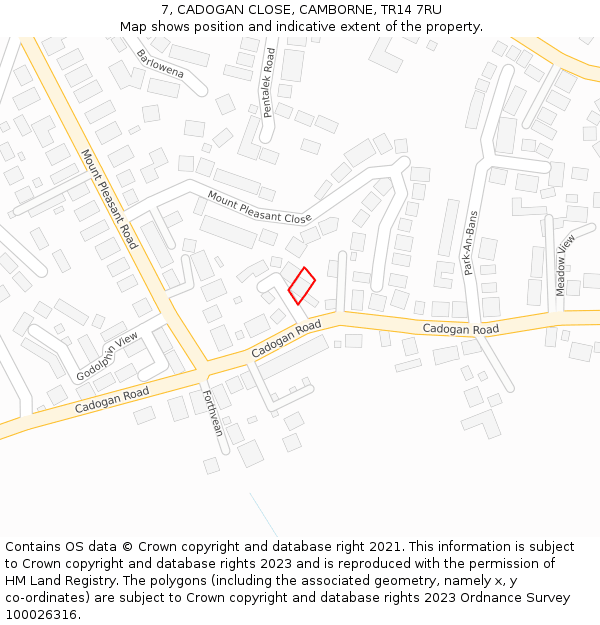 7, CADOGAN CLOSE, CAMBORNE, TR14 7RU: Location map and indicative extent of plot