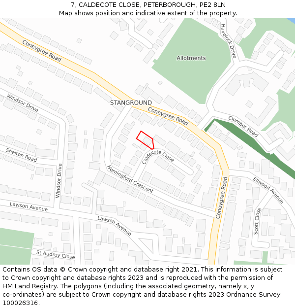 7, CALDECOTE CLOSE, PETERBOROUGH, PE2 8LN: Location map and indicative extent of plot
