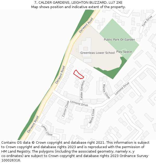 7, CALDER GARDENS, LEIGHTON BUZZARD, LU7 2XE: Location map and indicative extent of plot