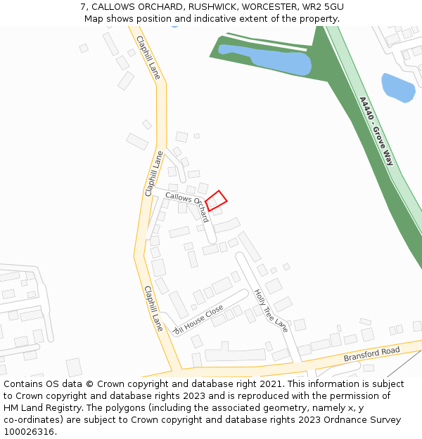 7, CALLOWS ORCHARD, RUSHWICK, WORCESTER, WR2 5GU: Location map and indicative extent of plot