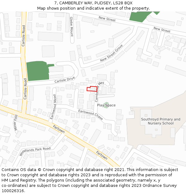 7, CAMBERLEY WAY, PUDSEY, LS28 8QX: Location map and indicative extent of plot