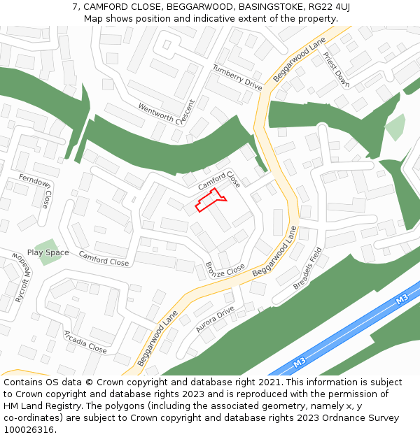 7, CAMFORD CLOSE, BEGGARWOOD, BASINGSTOKE, RG22 4UJ: Location map and indicative extent of plot