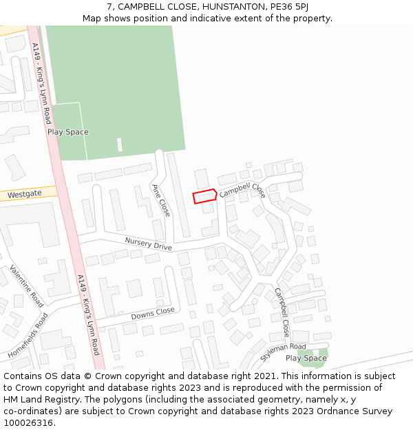 7, CAMPBELL CLOSE, HUNSTANTON, PE36 5PJ: Location map and indicative extent of plot