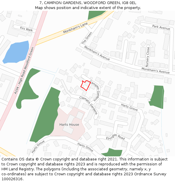 7, CAMPION GARDENS, WOODFORD GREEN, IG8 0EL: Location map and indicative extent of plot