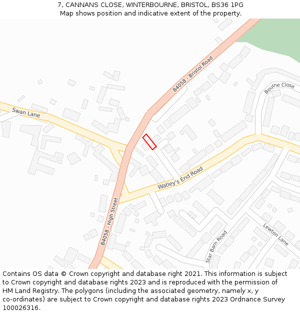 7, CANNANS CLOSE, WINTERBOURNE, BRISTOL, BS36 1PG: Location map and indicative extent of plot