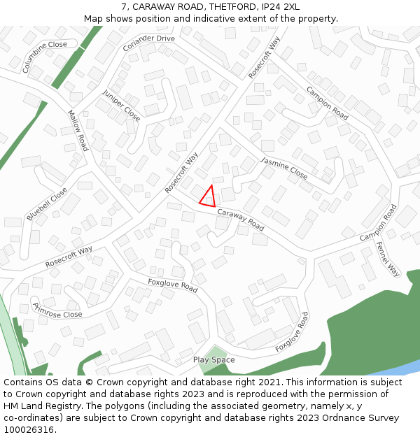 7, CARAWAY ROAD, THETFORD, IP24 2XL: Location map and indicative extent of plot