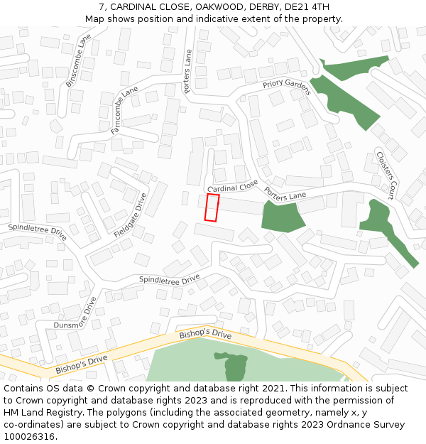 7, CARDINAL CLOSE, OAKWOOD, DERBY, DE21 4TH: Location map and indicative extent of plot
